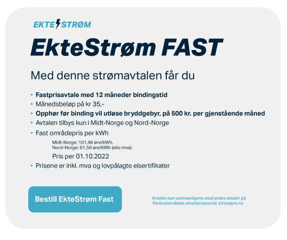 Annonse for det fiktive produktet Ekte Strøm FAST. Dette er en fastprisavtale med 12 måneders bindingstid.